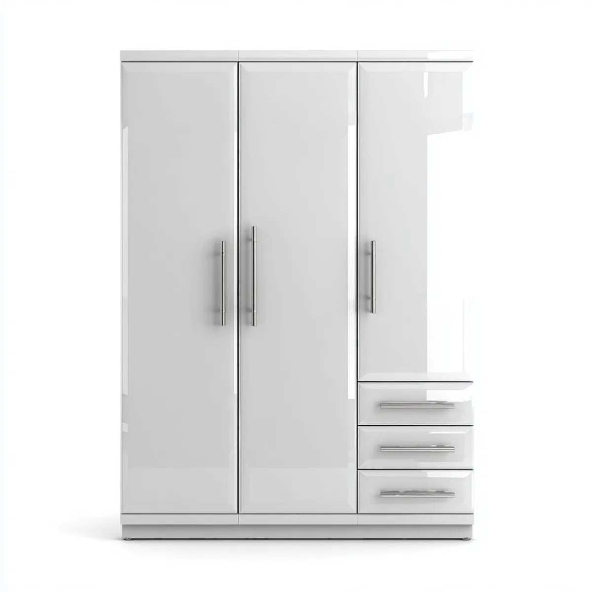 Kleiderschrank Weiß Hochglanz 120 x 52 x 180 cm aus Spanplatte rechteckig mit 3 Türen 3 Schubladen und Kleiderstange