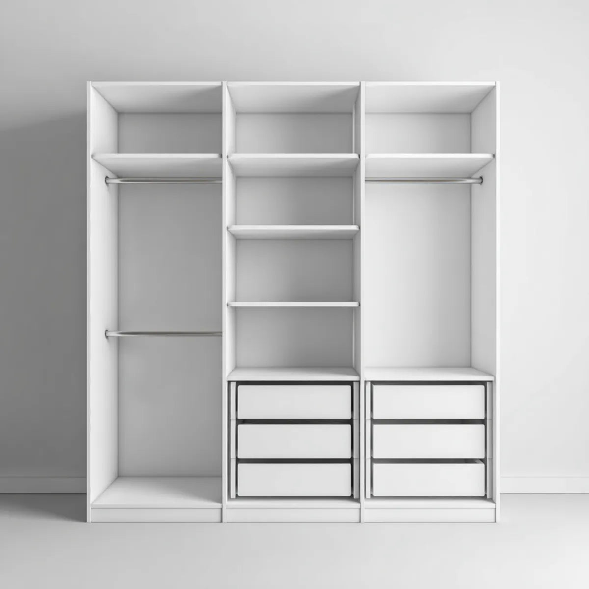 Offener Kleiderschrank Weiß 240 x 200 x 60 cm aus melaminharzbeschichteter Spanplatte rechteckig mit 6 Schubladen