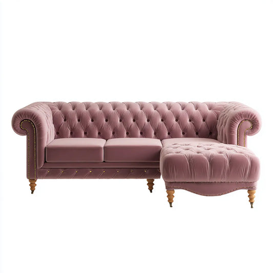 Chesterfield Ecksofa mit Recamiere rechts Rosa 260 x 165 cm Polyester-Samt