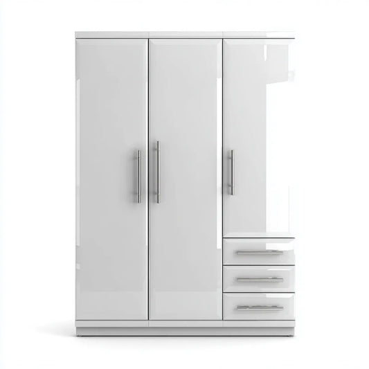 Kleiderschrank Weiß Hochglanz 120 x 52 x 180 cm aus Spanplatte rechteckig mit 3 Türen 3 Schubladen und Kleiderstange
